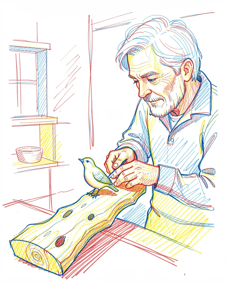 A woodcarver whittling a small bird from a piece of driftwood