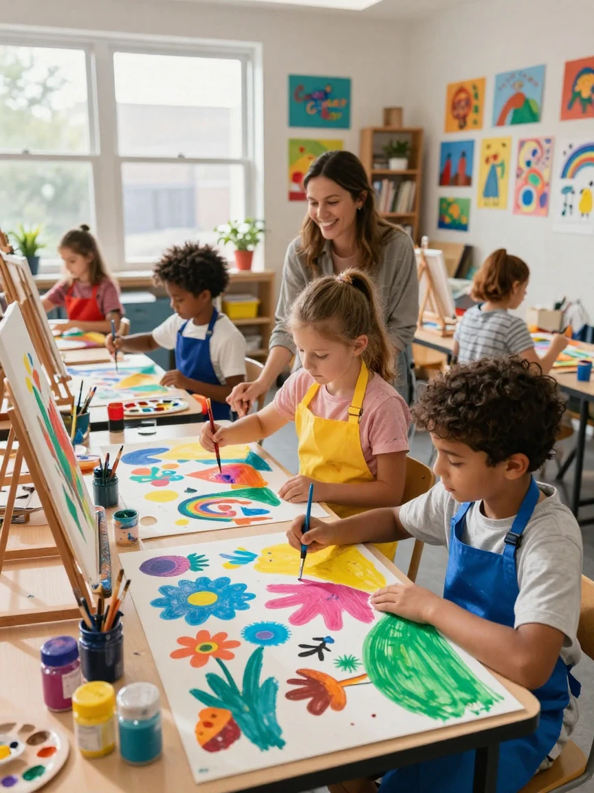 An art class with children painting colorful murals
