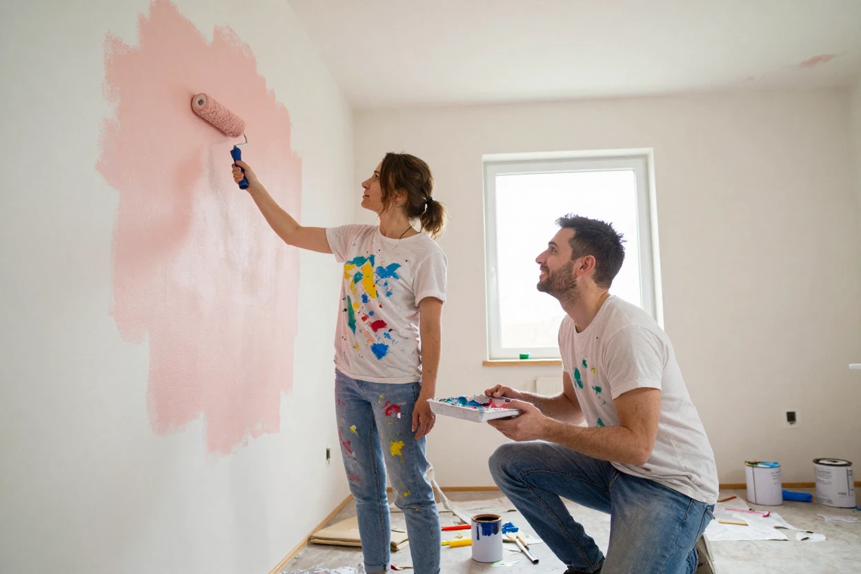 A couple paints a room together, both splattered with mismatched paint colors.