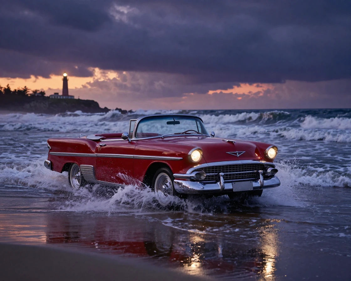 A gleaming vintage automobile cutting through choppy ocean waves under a darkening evening sky