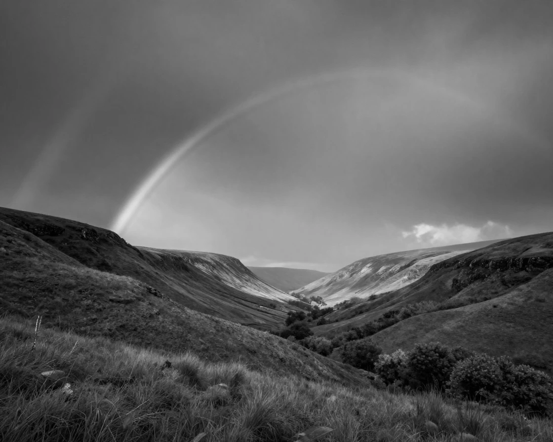 A double rainbow arcs over a valley after a storm over rolling hills after rainfall.