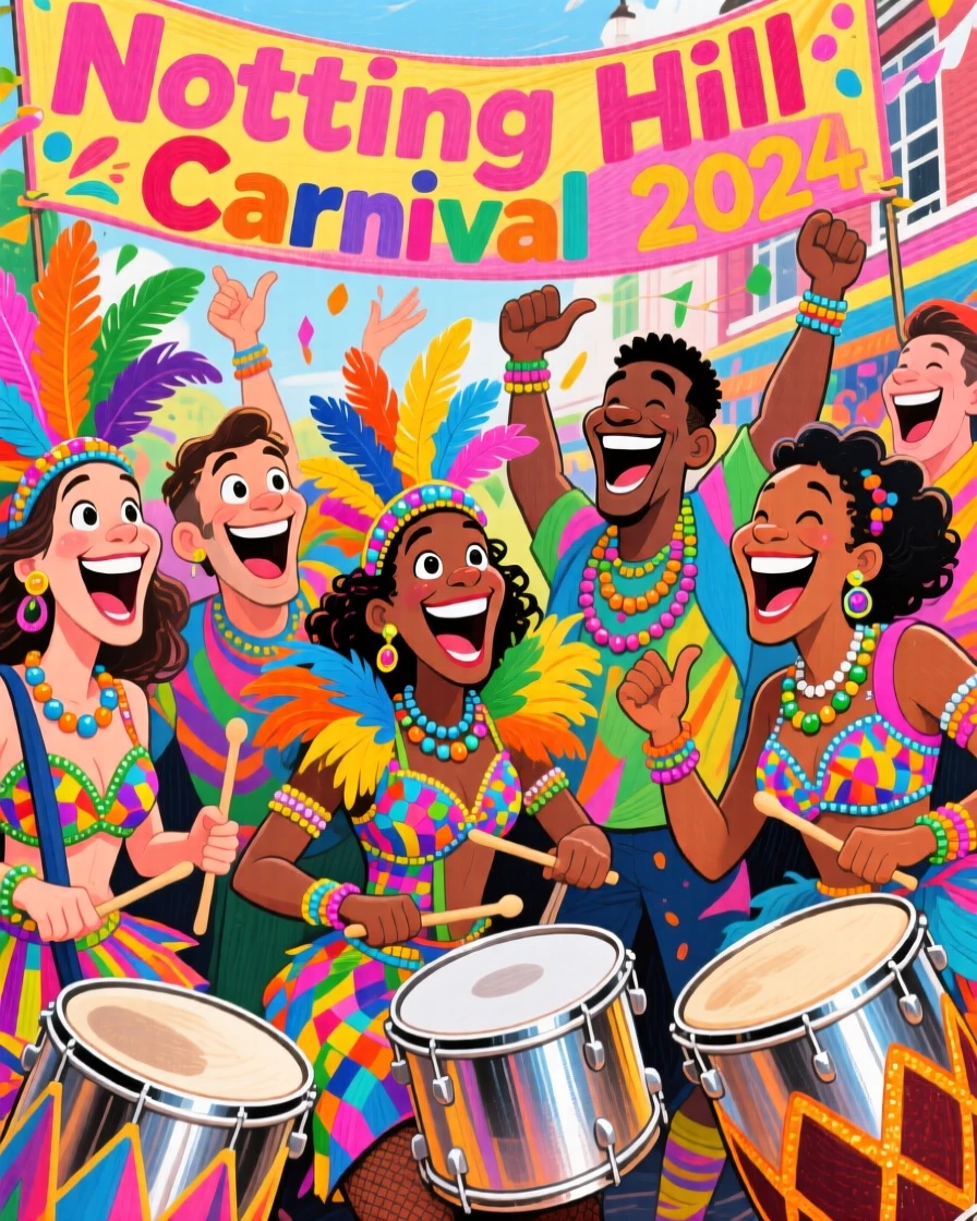 A group celebrating the Notting Hill Carnival with colorful costumes and steel drums.