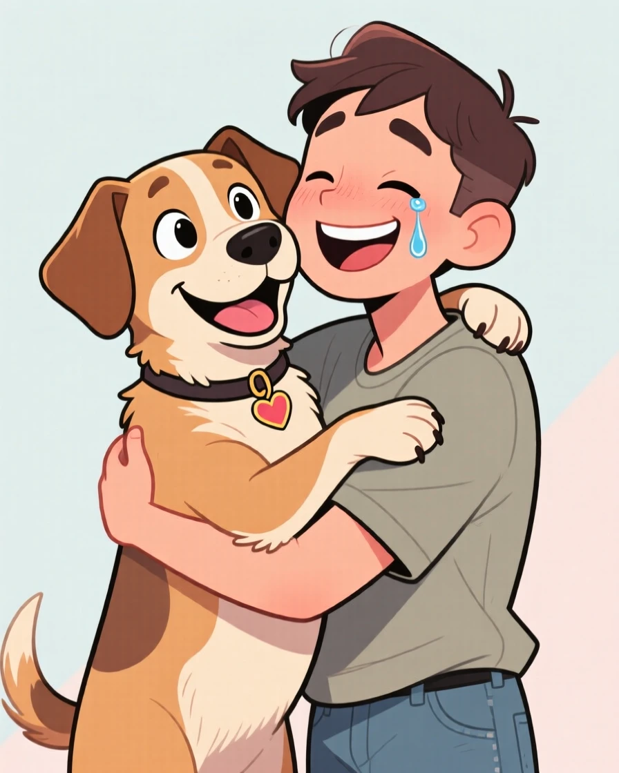 A heartwarming moment depicting a rescued shelter dog sharing an unexpected, tender embrace, with a single joyful tear rolling down a cheek.