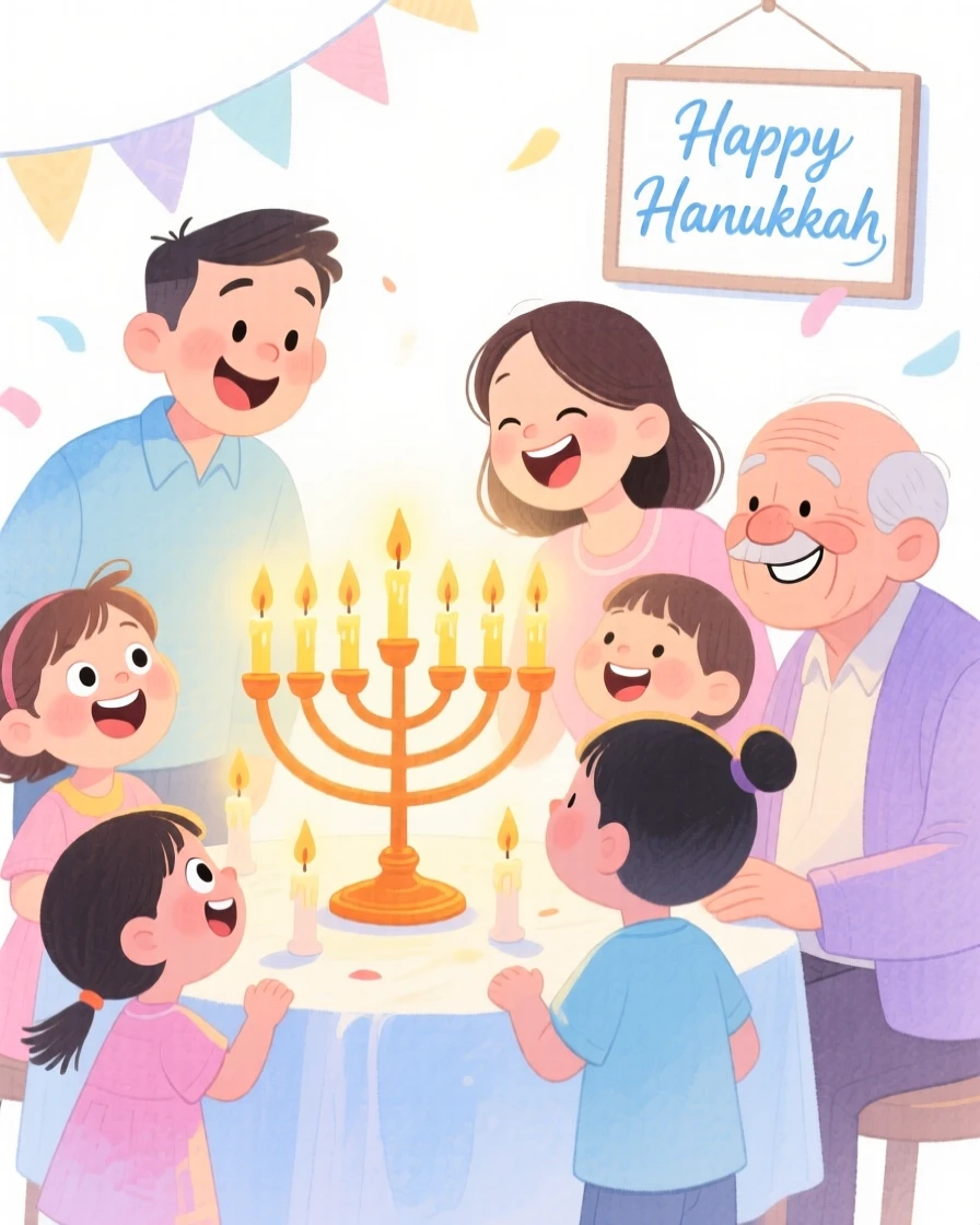 A joyful celebration scene of a family gathered around a glowing Hanukkah menorah, filled with warmth and laughter