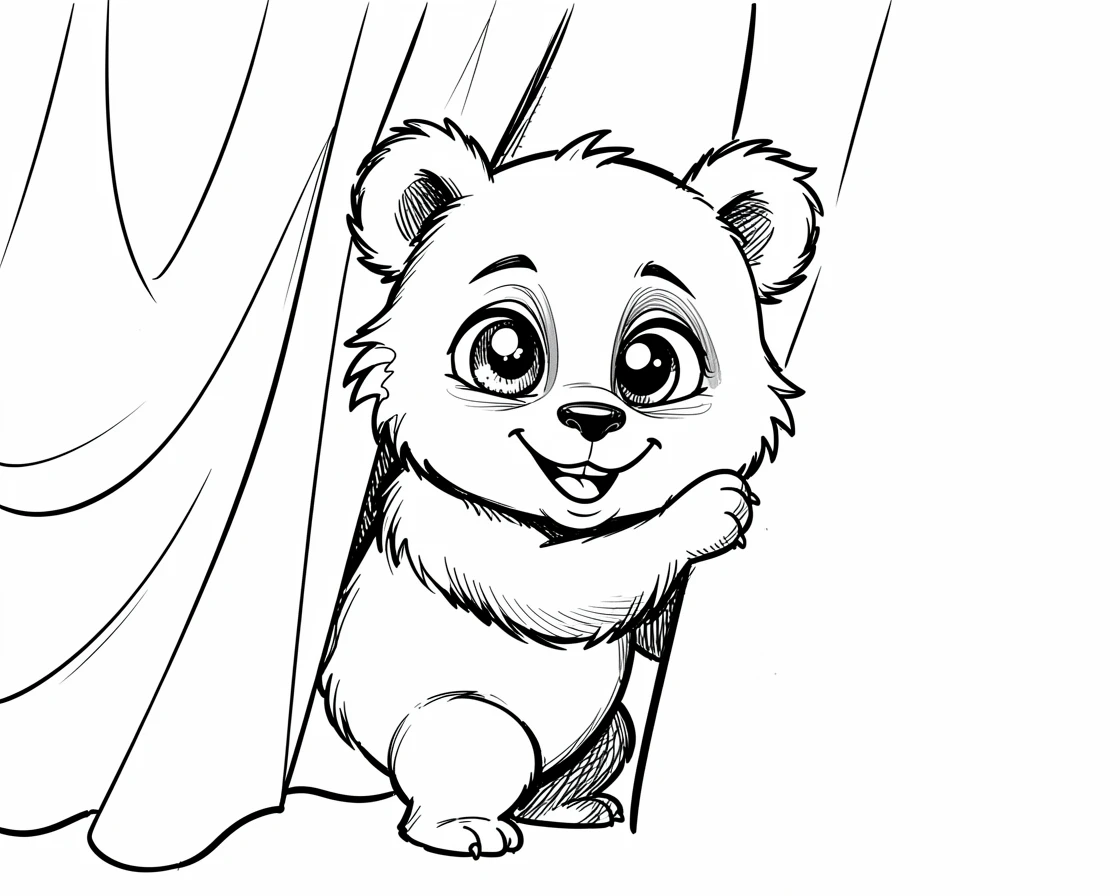 [Cute Animals & Pets] Adorable scene of a spirited baby panda hiding behind a curtain, bursting with charm and playful energy
