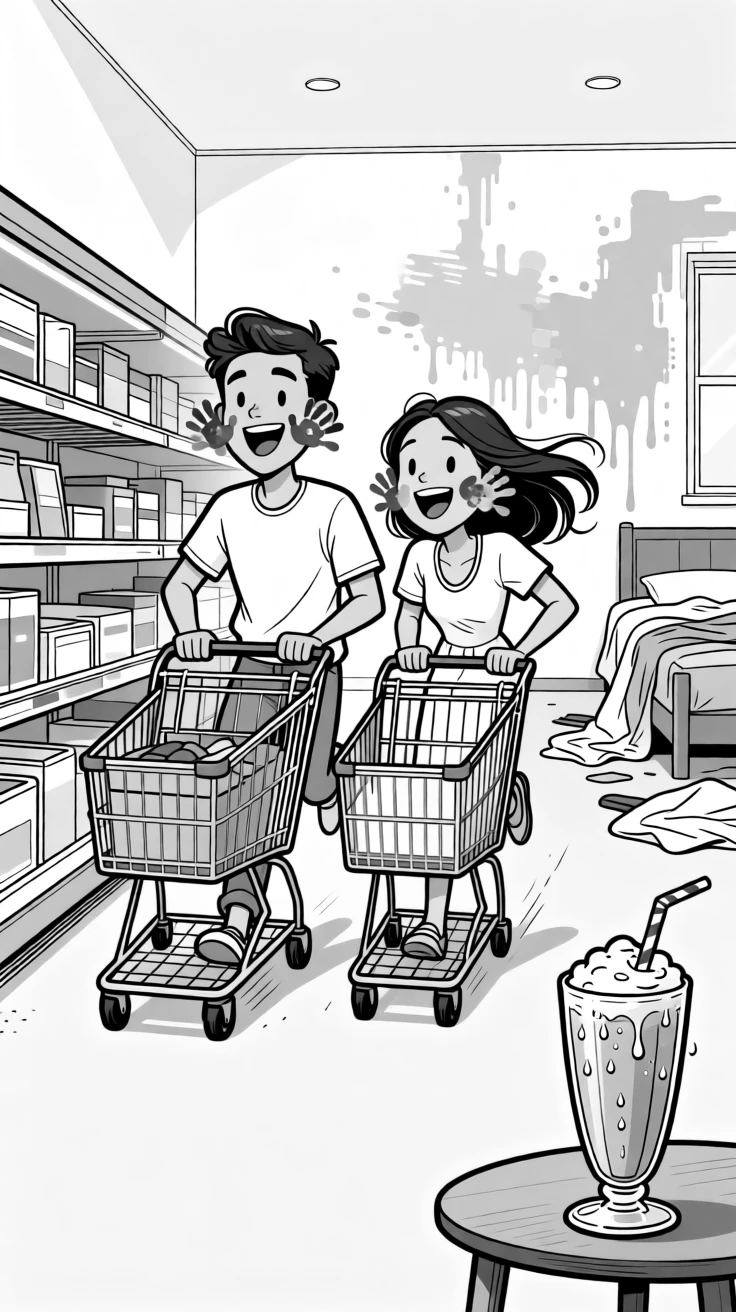 A couple racing each other down a grocery aisle with carts, leaving handprints of paint on each other's cheeks, set in a half-painted bedroom covered in drop cloths. The milkshake glass sweats condensation onto the table. It captures romance in its most playful, everyday form.
