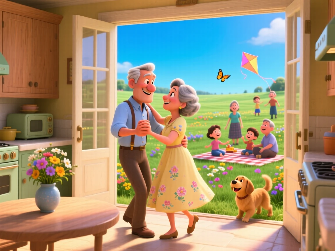 An elderly couple dancing slowly in their kitchen unfolds in a wide open field under a bright blue sky, with everyone's laughter filling the air. Pure joy and warmth radiate from the scene.