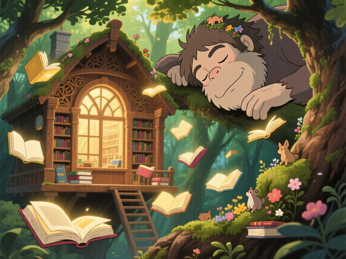 A library where books float open on their own, where a gentle giant resting among the treetops can be seen nearby, the atmosphere magical and full of wonder.