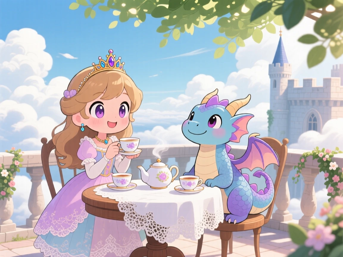 Waist-up portrait of a young princess and her dragon friend, having tea on a castle rooftop, in a cloud-level castle terrace, beneath fluffy drifting clouds, illuminated by dappled sunlight through a canopy, radiating triumphant pride.