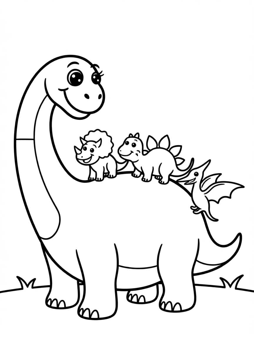 A friendly Brontosaurus giving a ride to smaller dinosaurs