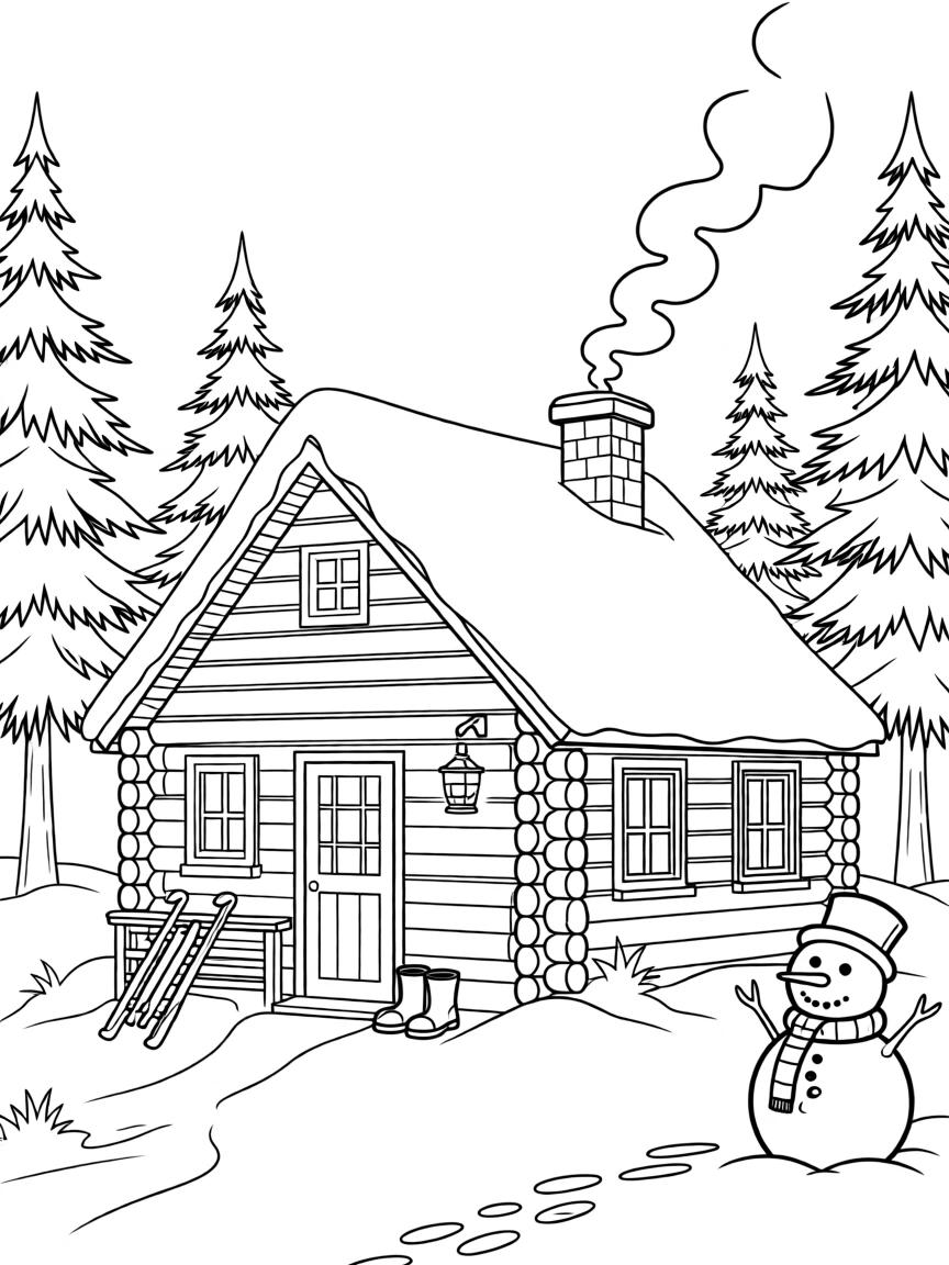 A snowy cabin with smoke curling from the chimney, with warm lantern light glowing across the scene.