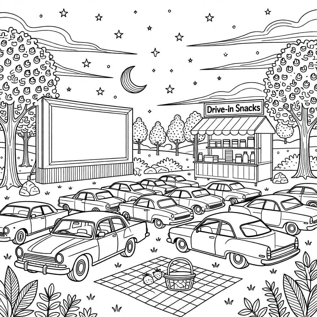 A summer drive-in movie scene with cars parked beneath a starry sky.