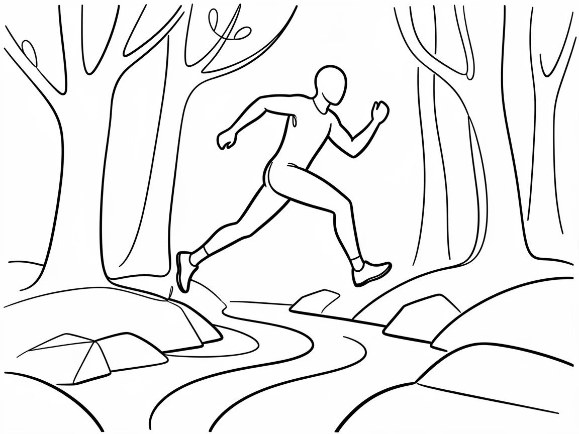 A trail runner leaping across a rocky stream in a forest