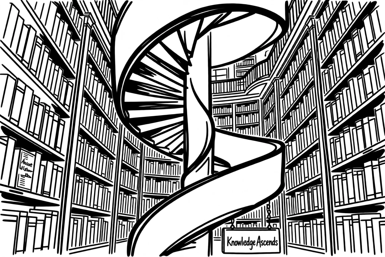 A grand old library with soaring shelves and a spiral staircase.
