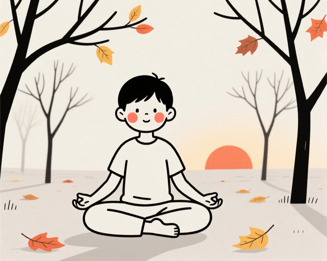 A young boy practicing yoga at sunrise, in an autumn orchard.