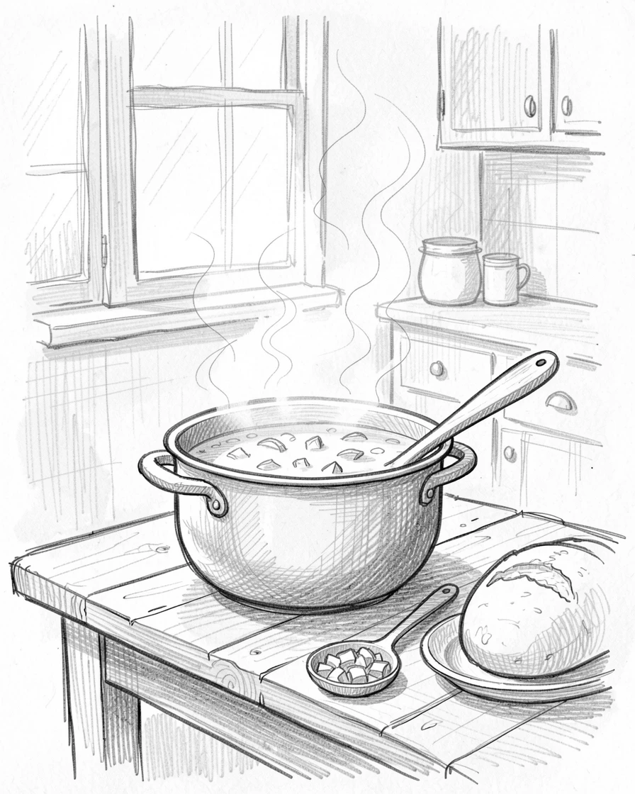 A cozy food scene featuring a pot of simmering homemade soup in a cozy farmhouse kitchen, with soft natural light highlighting every texture.