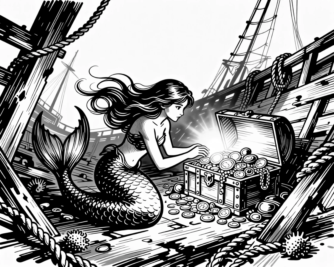 A young mermaid exploring a sunken ship glowing with ancient treasure.