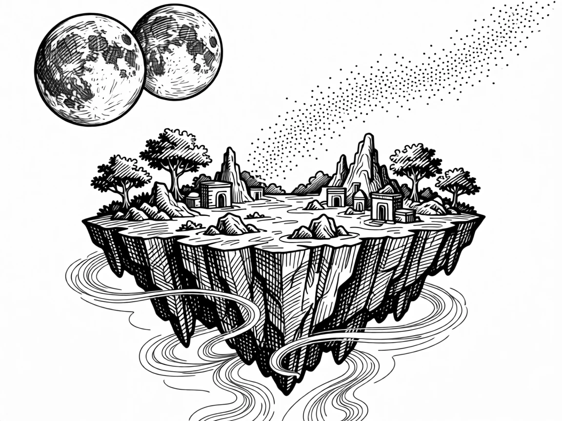 A floating island held aloft by ancient magic beneath a sky filled with twin moons, with a trail of glimmering dust in the air, forming a quietly wondrous fantasy scene.
