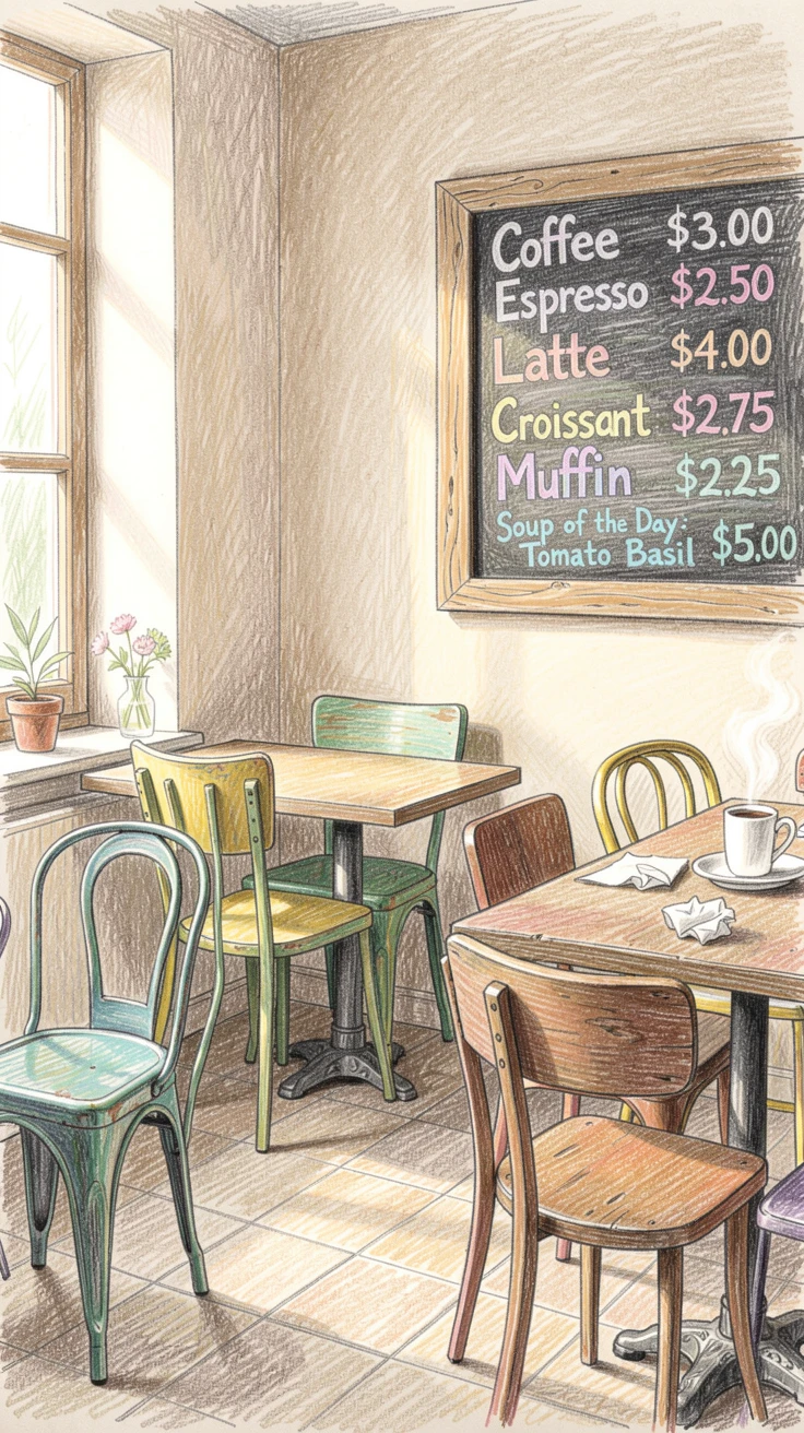 A cozy corner cafe with a chalkboard menu and mismatched chairs, with soft, natural light bringing warmth to every detail, capturing a quiet story that lingers with the viewer.