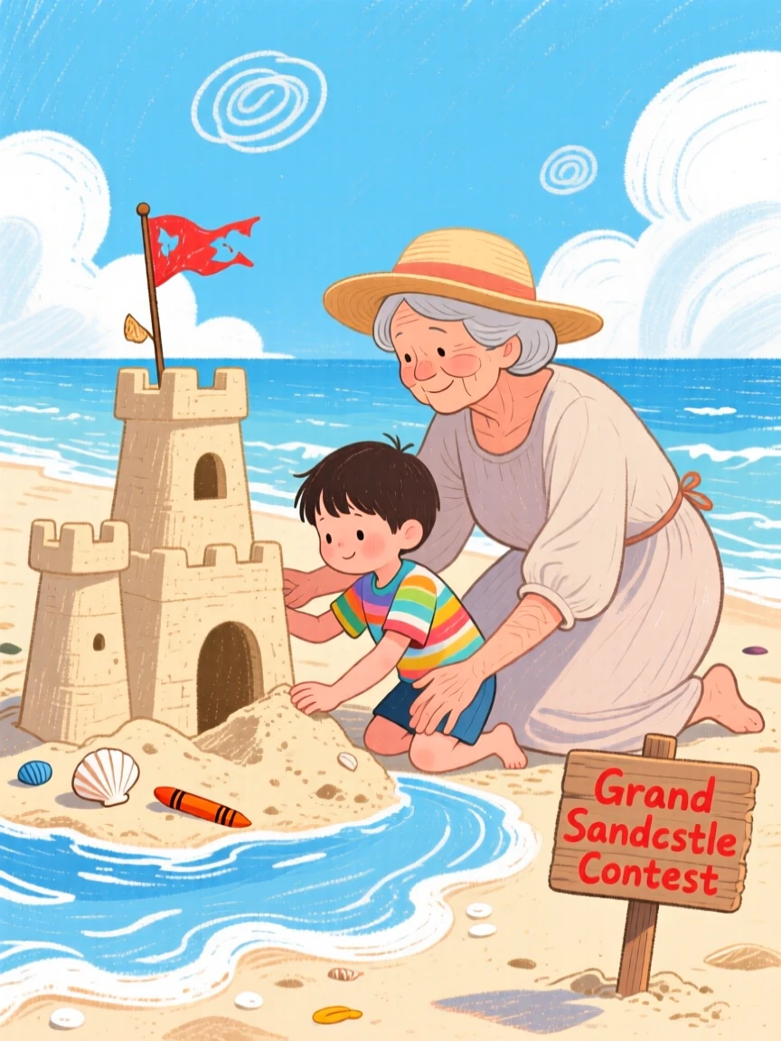A grandmother and her grandchild building a sandcastle at the edge of the tide.