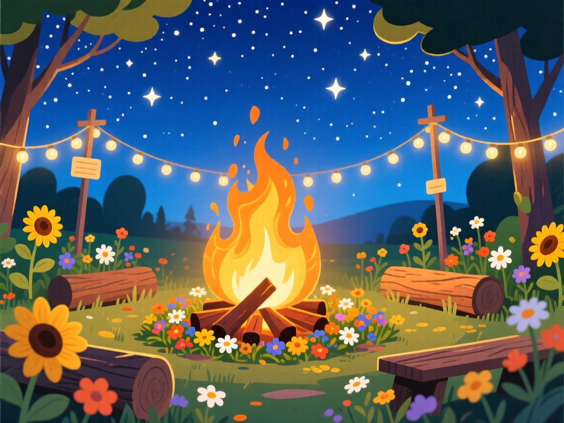 A summer solstice bonfire celebration under a starry sky, decorated with seasonal flowers and warm lighting, composed with a warm golden glow throughout, with warm twinkling lights adding a magical sparkle.