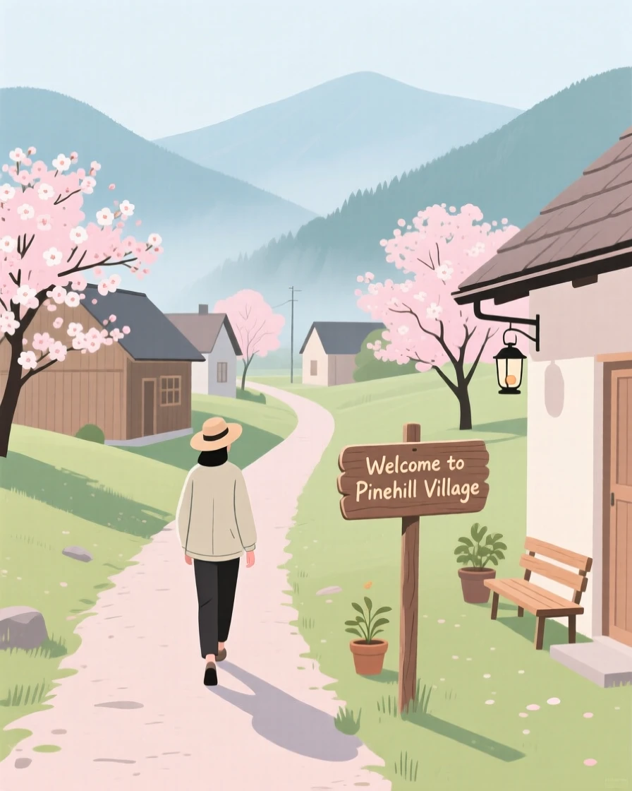 A spring scene of a quiet morning walk in a mountain village.