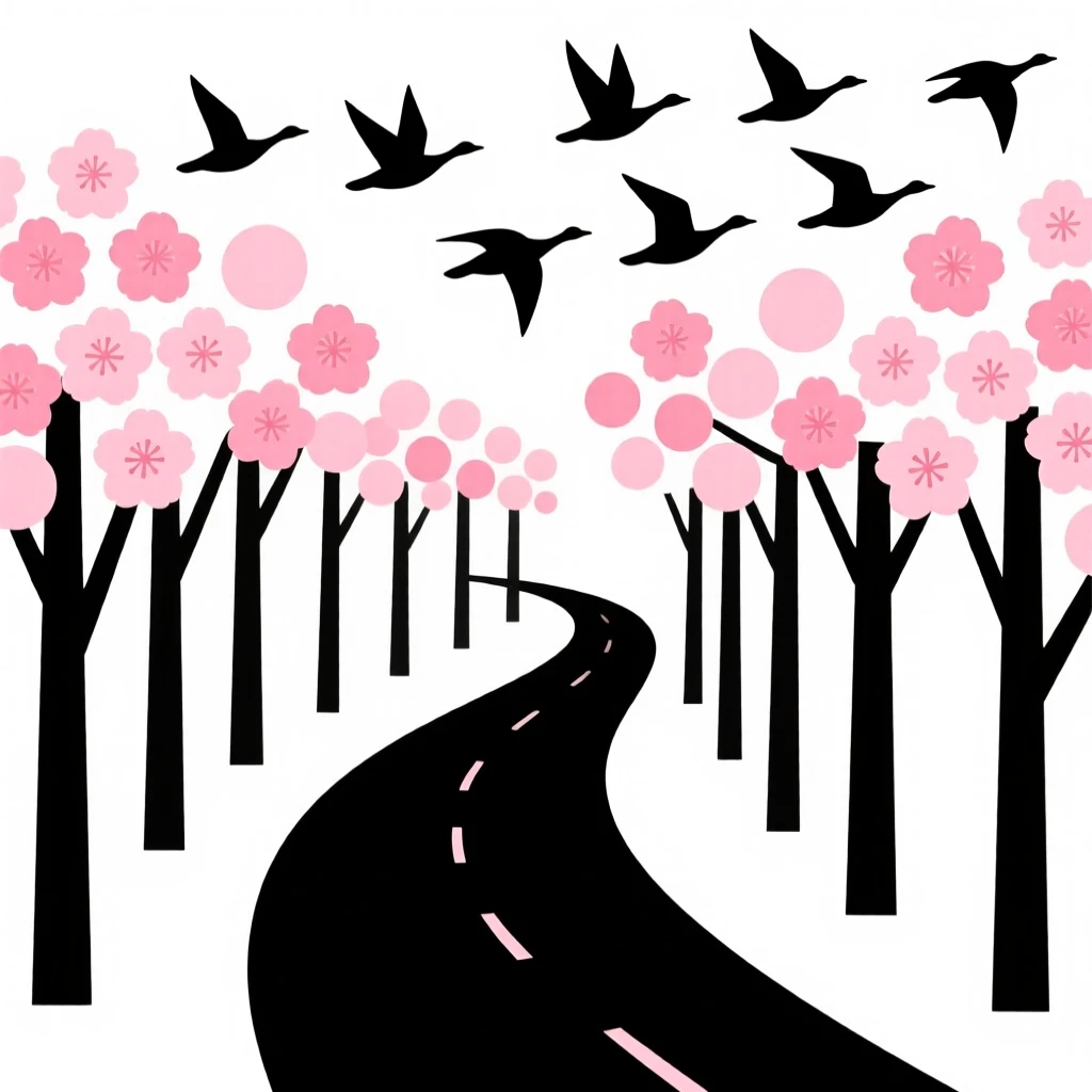 A forest trail, transformed by burst of cherry blossoms, with migrating geese overhead scattered throughout, captures festive warmth.