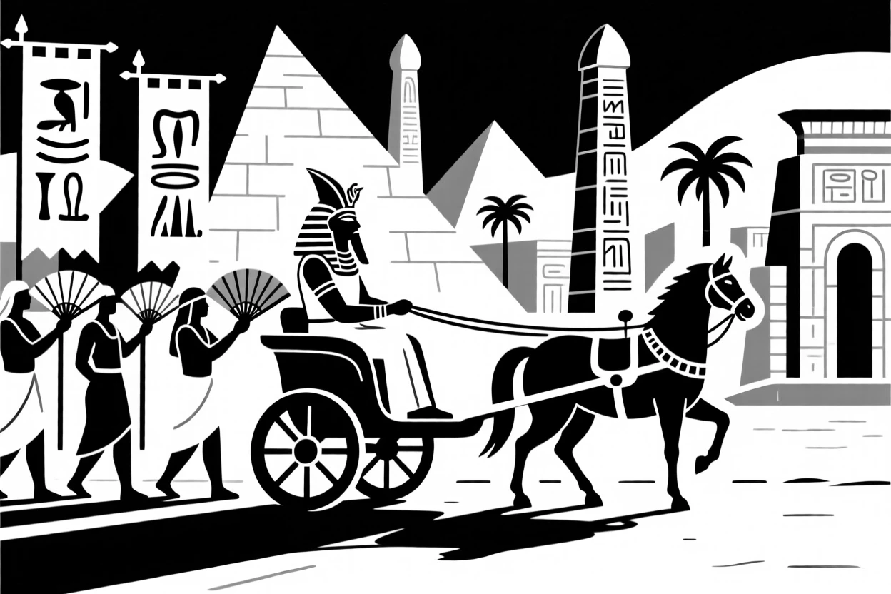 A pharaoh's procession through an ancient Egyptian city.