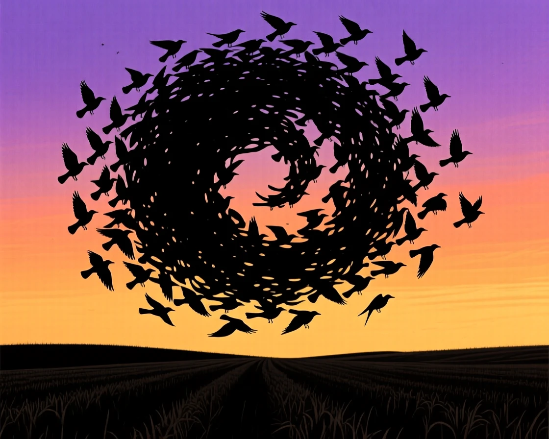 A murmuration of starlings twisting together into a great swirling shape above a field.