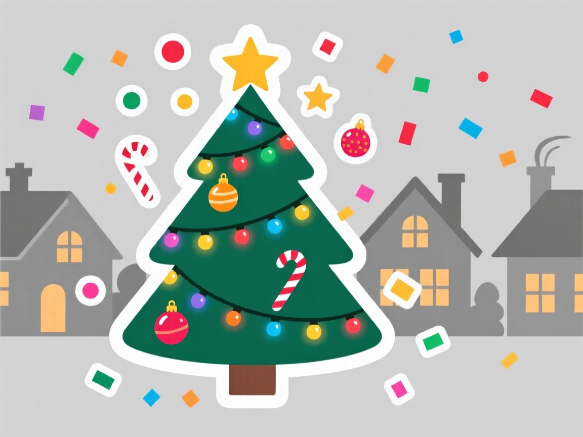 A festive and joyful decorated Christmas tree with twinkling lights, surrounded by falling confetti, as the whole neighborhood celebrates together.