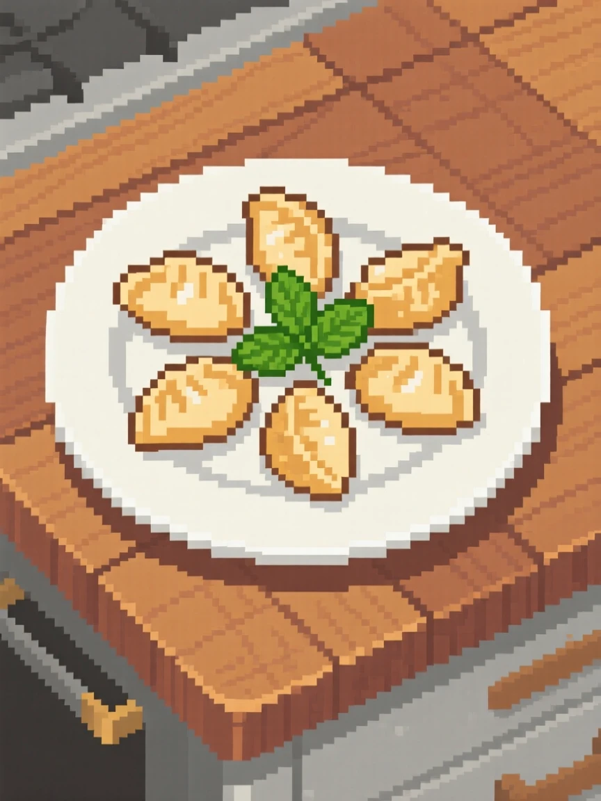 A plate of dumplings decorated with a sprig of mint, on a rustic wooden kitchen table.