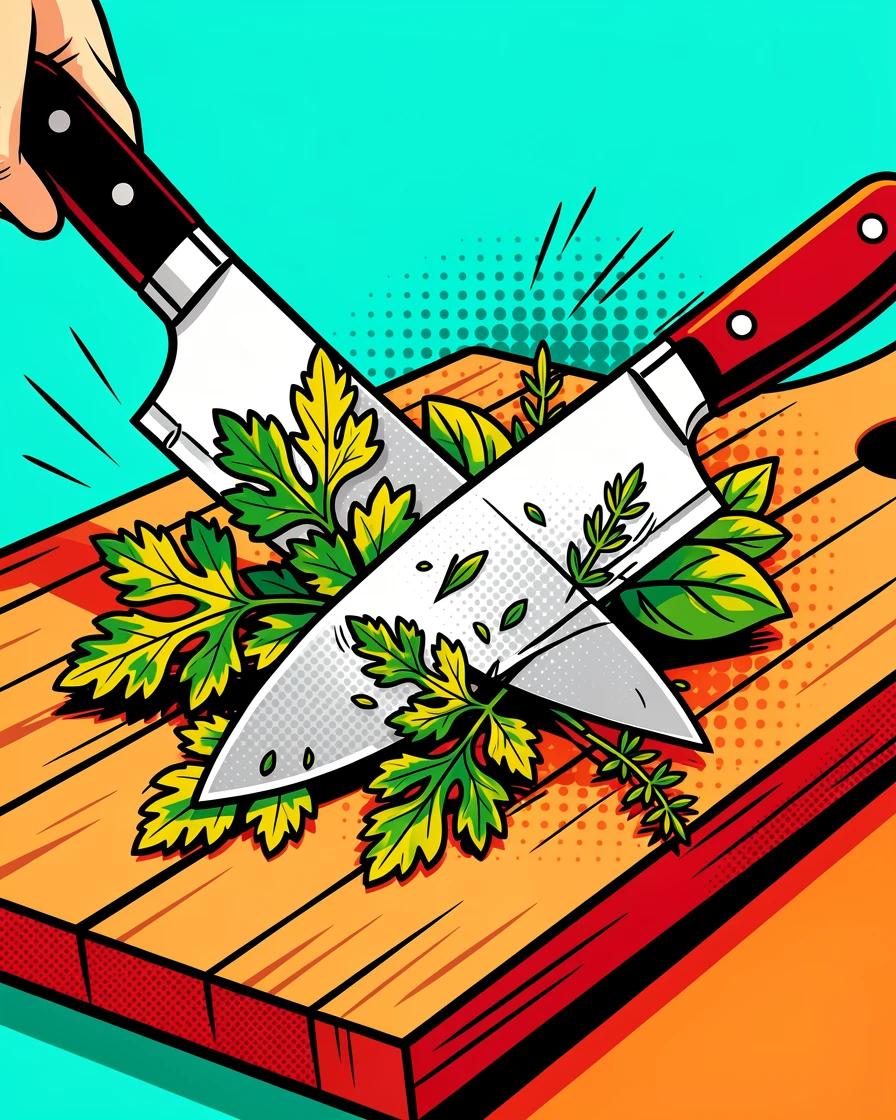 A chef's knife slicing through fresh herbs on a wooden board
