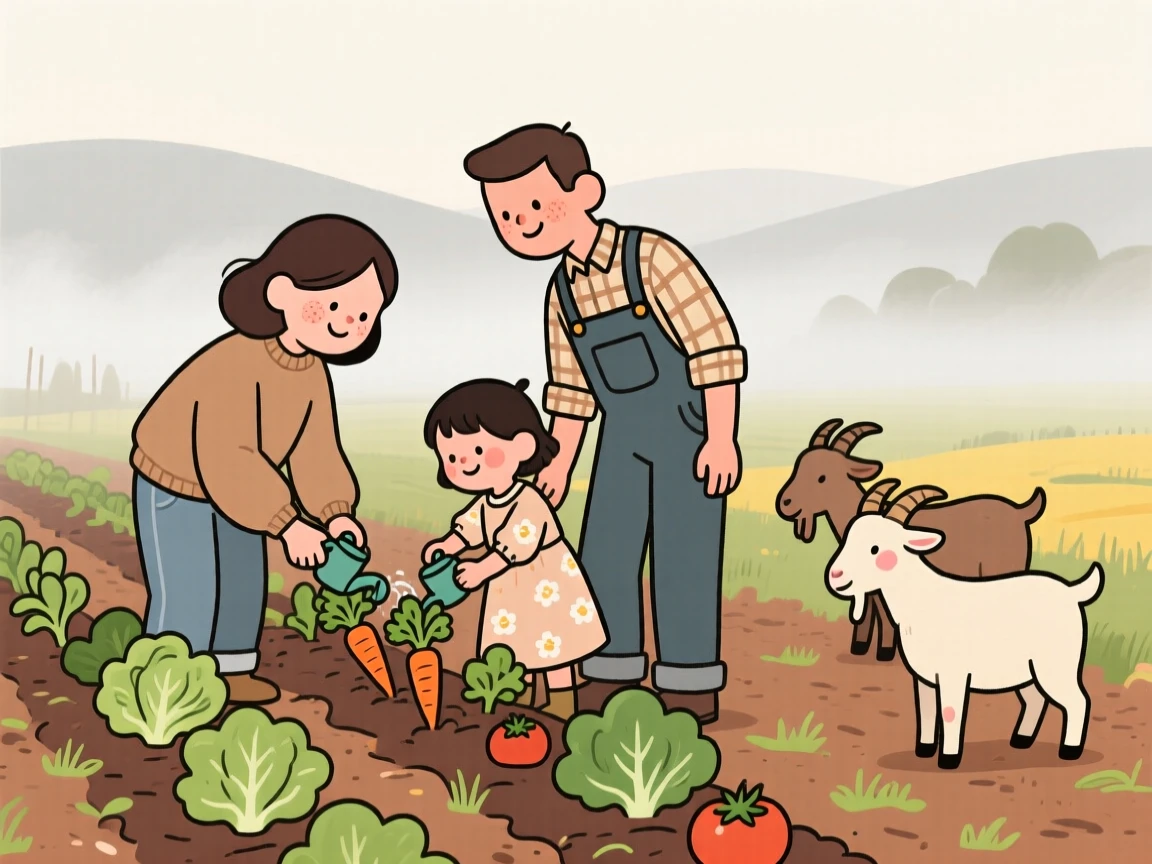 A small family tends rows of fresh vegetables on a countryside plot as goats wander nearby and the morning mist begins to lift.