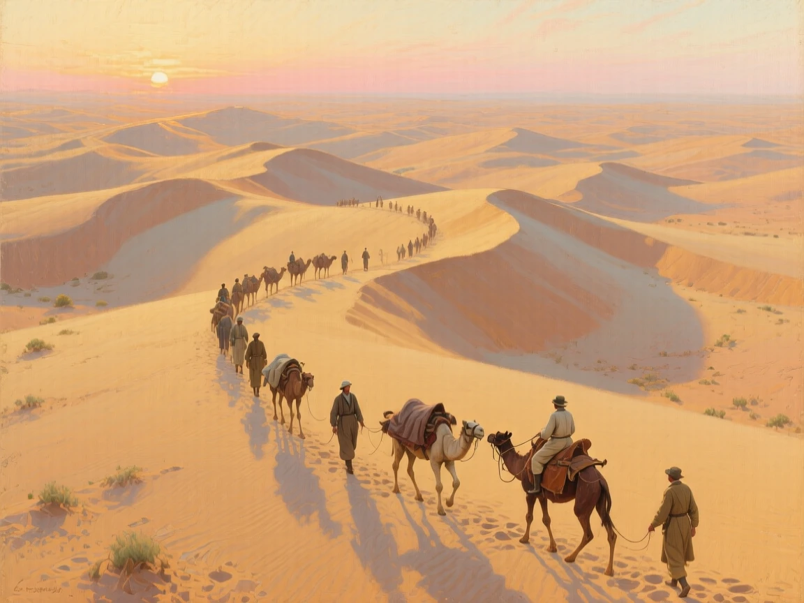 An aerial view of a caravan of travelers crossing golden dunes at sunset, just after sunrise, in the 1930s.