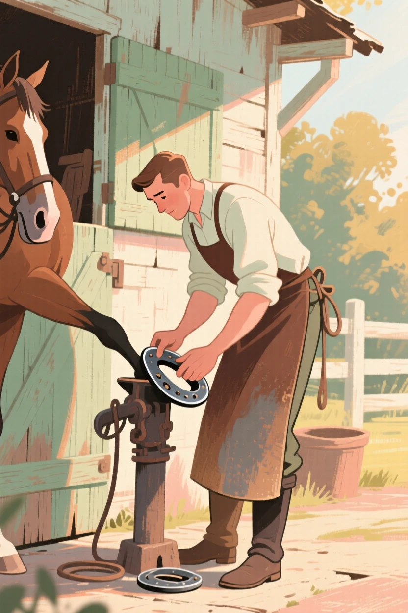 A farrier fitting a horseshoe at an old country stable