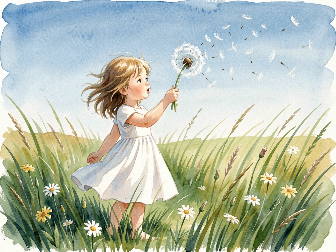 A little girl blowing dandelion seeds in a meadow under a bright blue sky.