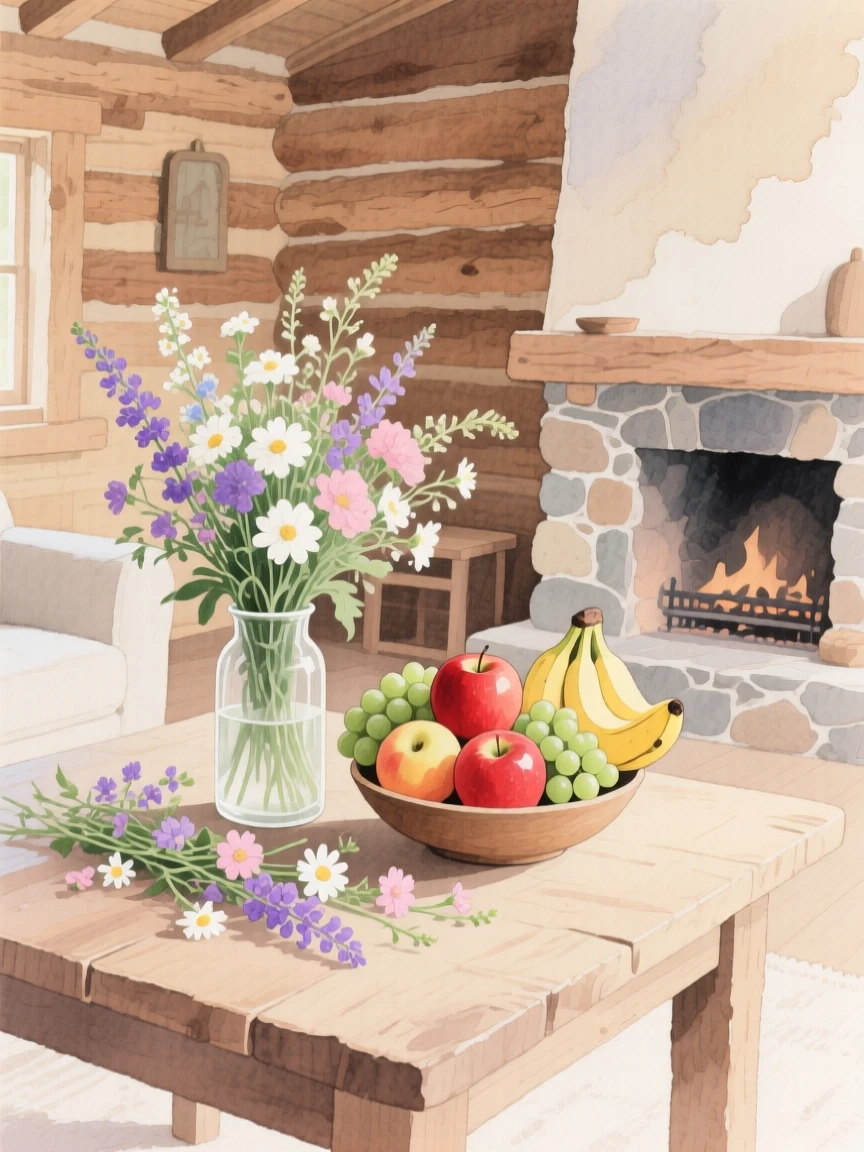 A charming view of a rustic cabin living room, with fresh flowers arranged on the table, featuring a bowl of fresh fruit and wildflowers
