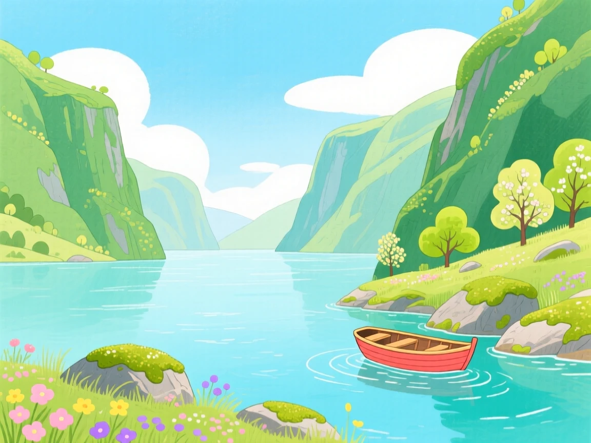 A panoramic scene of a quiet fjord between steep green cliffs in early spring.