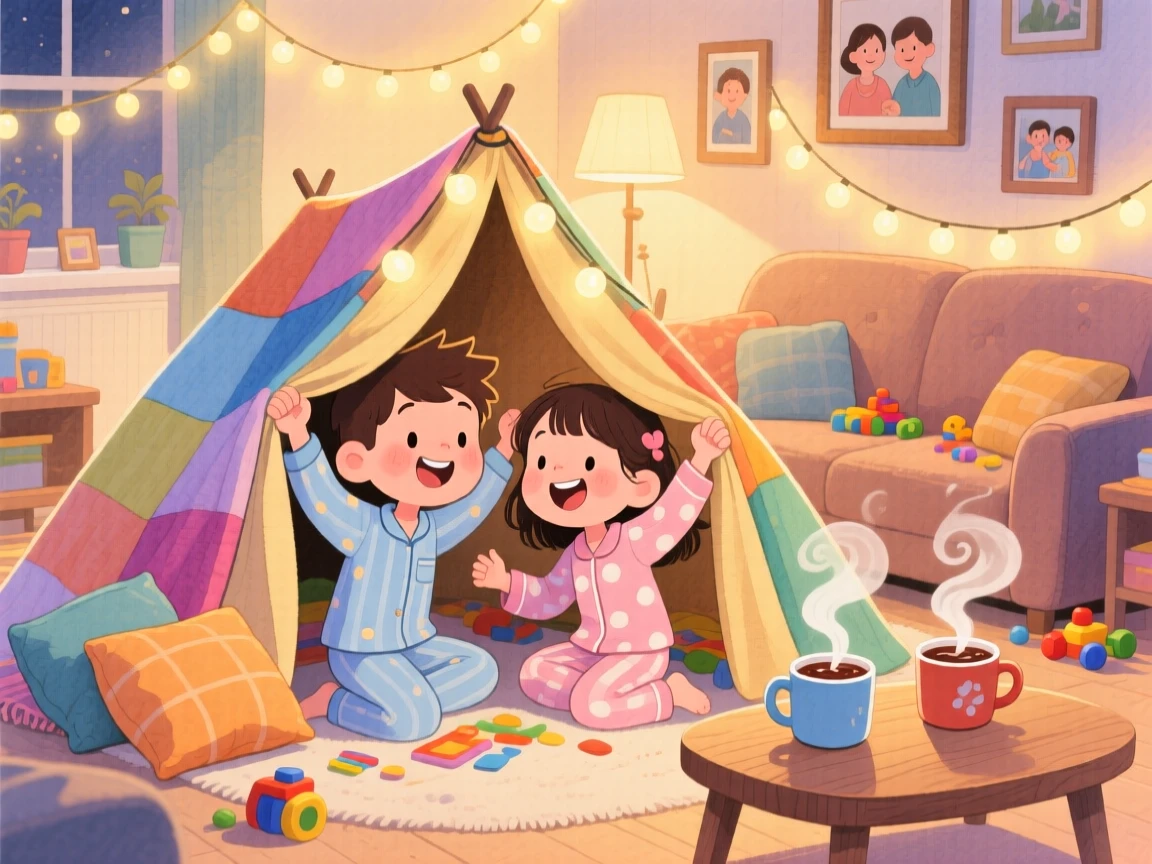 A brother and sister building a blanket fort in the living room, in a cozy room lit by string lights, with steam rising from mugs of cocoa nearby, playful sibling bonding and imagination.