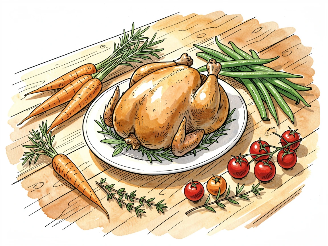 A farmhouse table set with roasted chicken, vegetables, and fresh herbs, sunlight streaming across the table, highlighting every texture.