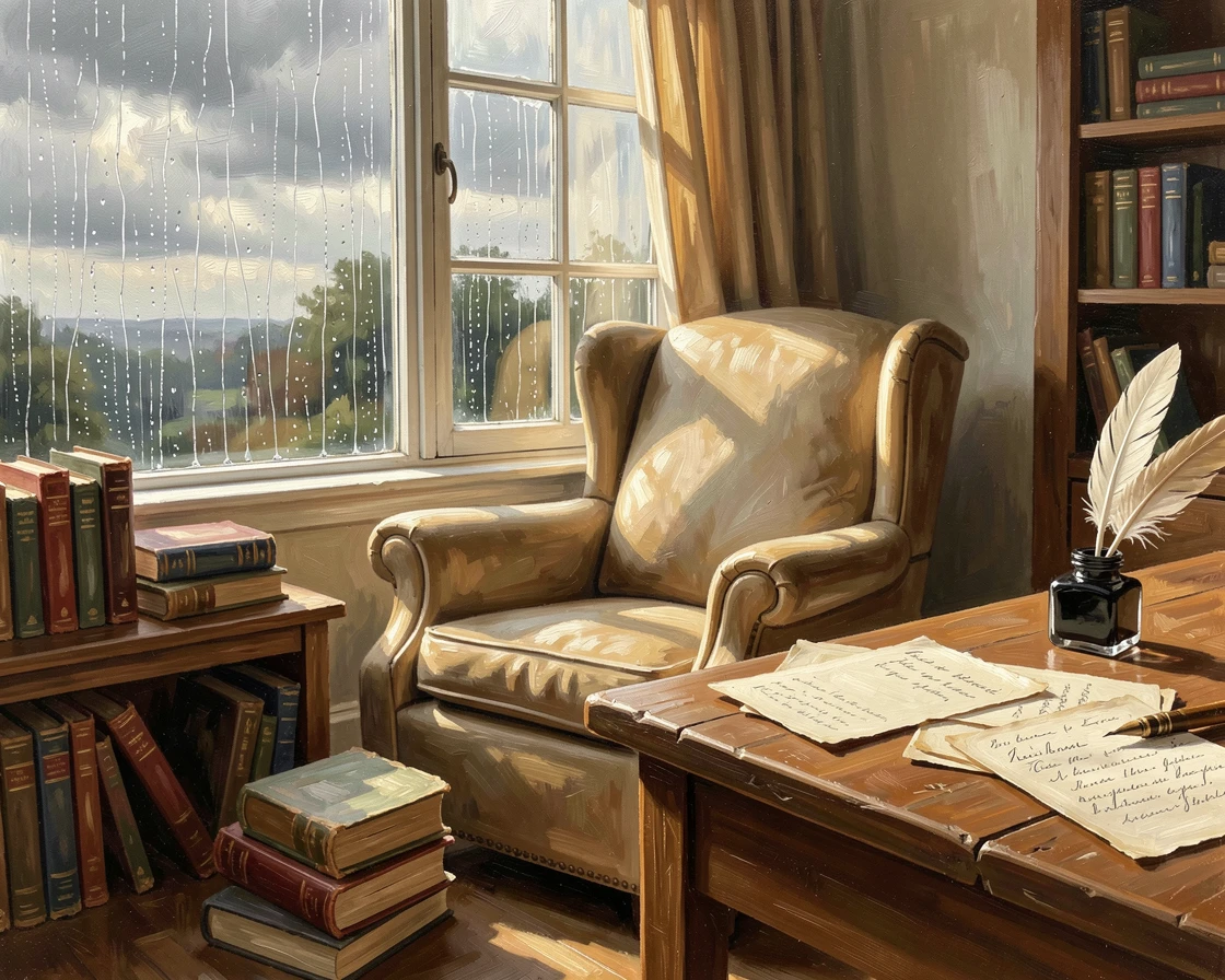 On a quiet, rainy afternoon, a sunlit reading nook filled with stacked books, beside a wooden desk cluttered with letters and ink, rain tracing slow paths down the windowpane.