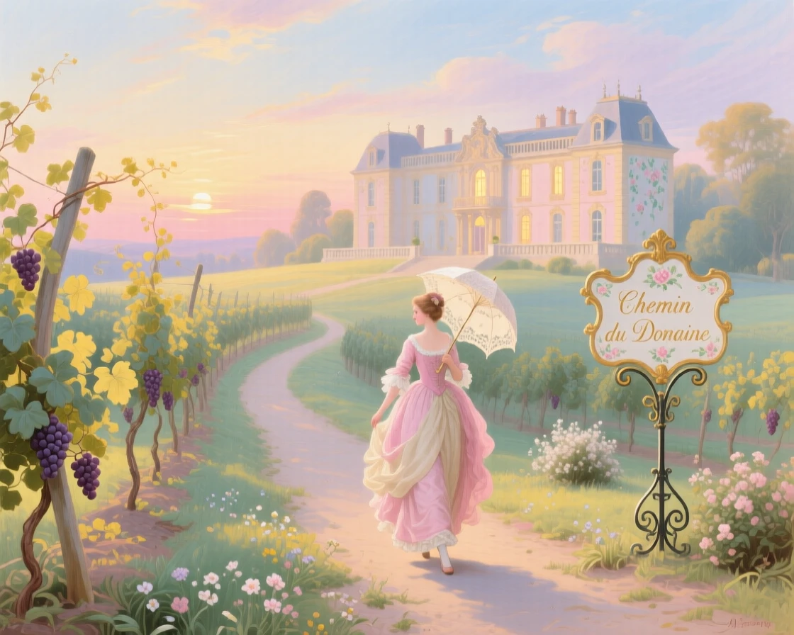 A vineyard path leading toward an estate glowing in the evening sun  