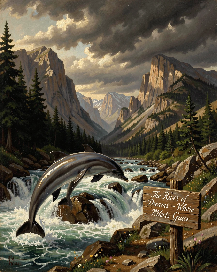 A pod of dolphins crosses a rushing mountain river beneath a canopy of clouds.