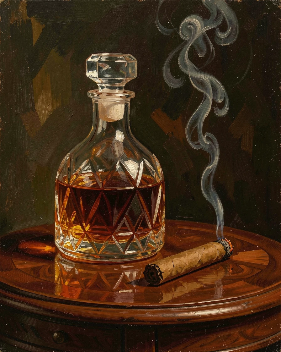 A crystal decanter of amber whiskey beside a lit cigar on a mahogany table, with rich, deep colors adding a sense of opulence, celebrating the beauty found in fine craftsmanship and detail