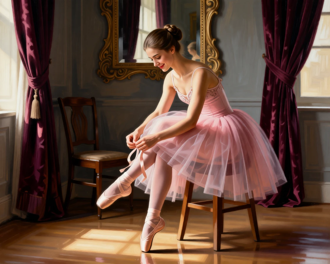 A ballerina adjusting her slipper before stepping onto the stage lost entirely in private thought, set in a sunlit drawing room with heavy velvet curtains, with a faint, knowing smile just touching the corner of the mouth; warm and cool tones contrast to separate figure from background, conveying quiet dignity and inner life.