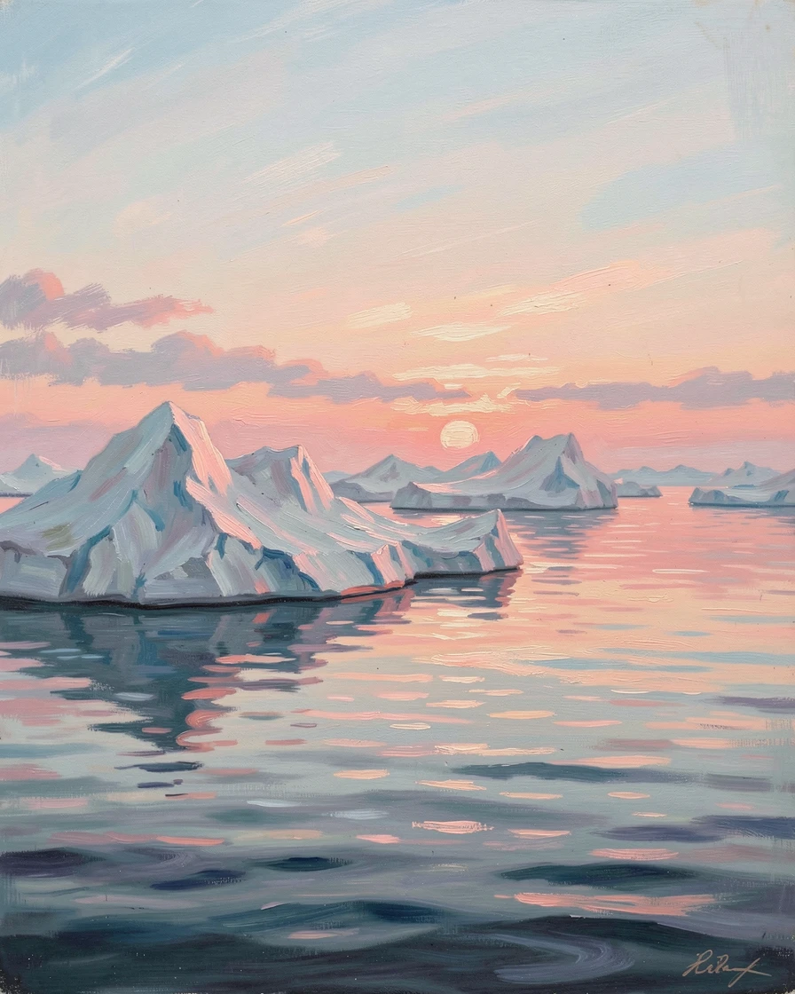 A dramatic view of icebergs floating in arctic waters, the low sun casting pink and orange light across the ice, capturing a moment of quiet intimacy.