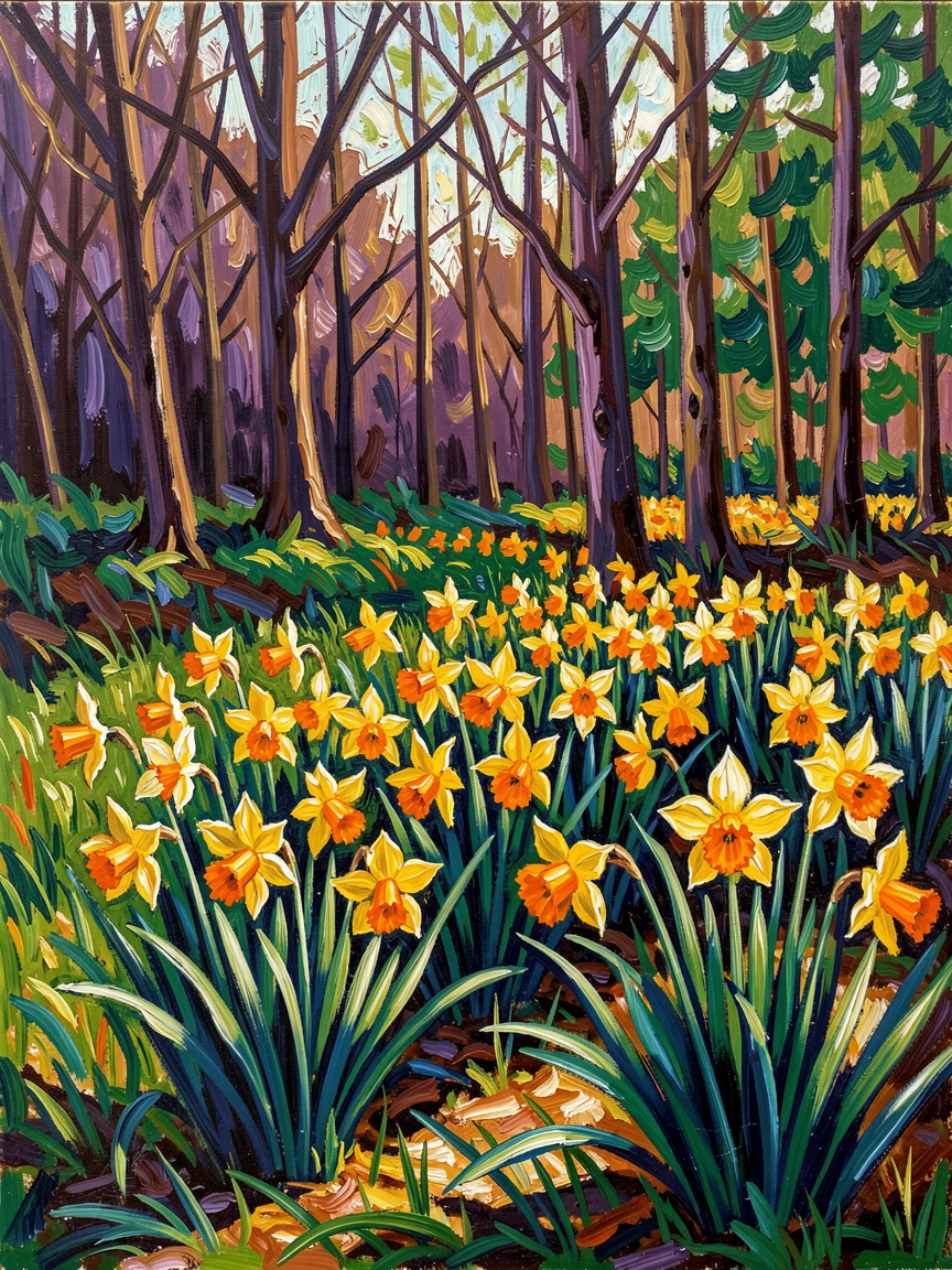 A field of wild daffodils trumpeting the arrival of spring along a woodland edge.