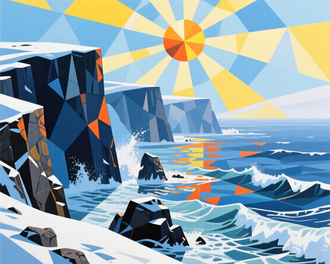 A sweeping wide view of a dramatic sea cliff under a blazing midday sun, in deep winter.