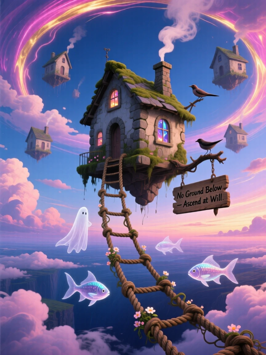 A school of stone houses swimming through open sky orbits silently through banks of soft cloud, as a rope ladder dangles into empty space below.