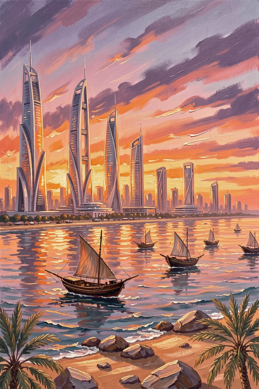 A dramatic aerial view of Doha's skyline shows futuristic towers glowing against a desert sunset, dhow boats crossing the bay below, the composition balancing a wide sweeping view with intimate, carefully observed foreground detail.